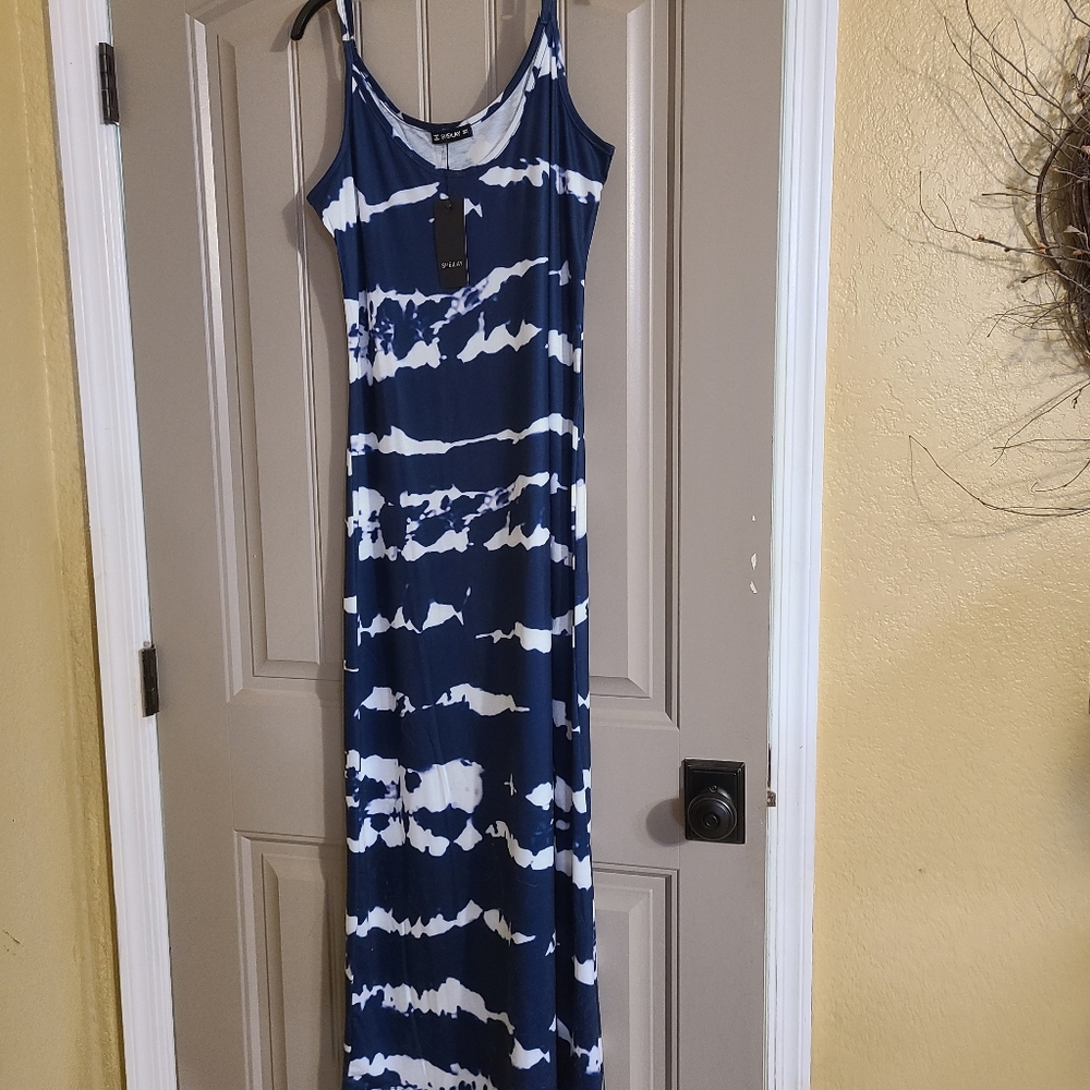 Blue and white maxi dress